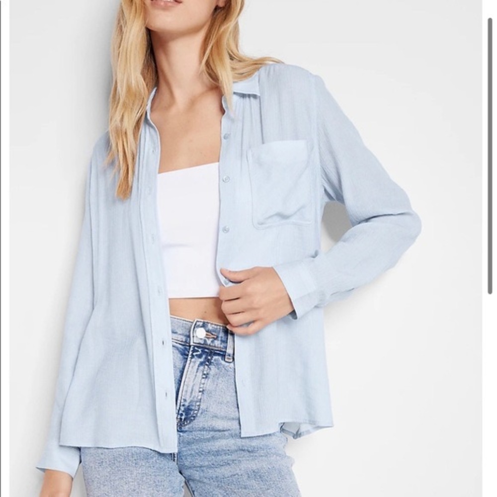 Express Crinkle Stripe One Pocket Boyfriend Shirt